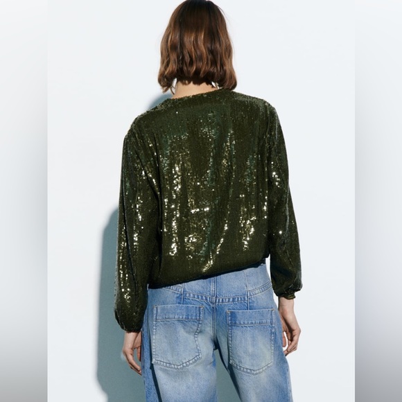 Zara NWT Emerald Green Sequin Bomber Jacket Size M - Picture 7 of 17